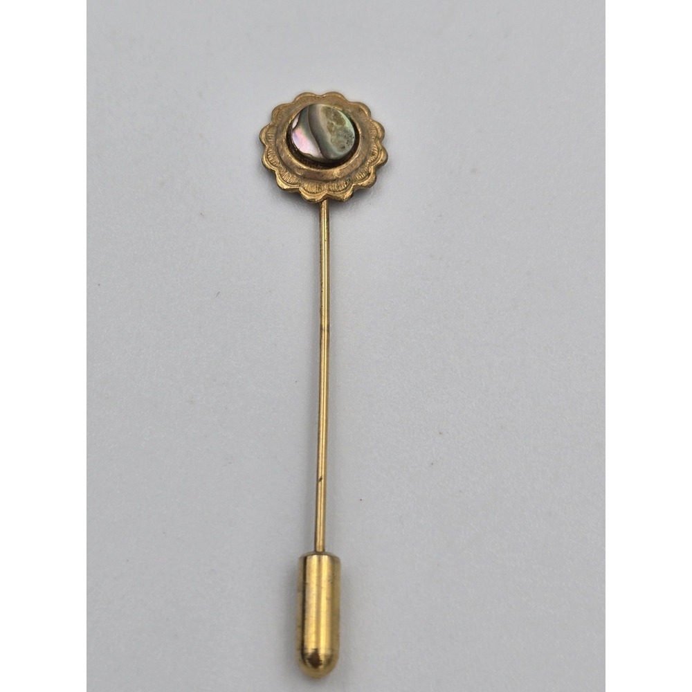 Vintage Gold Tone Scalloped Stick Pin Brooch with Iridescent Abalone Shell Inlay
